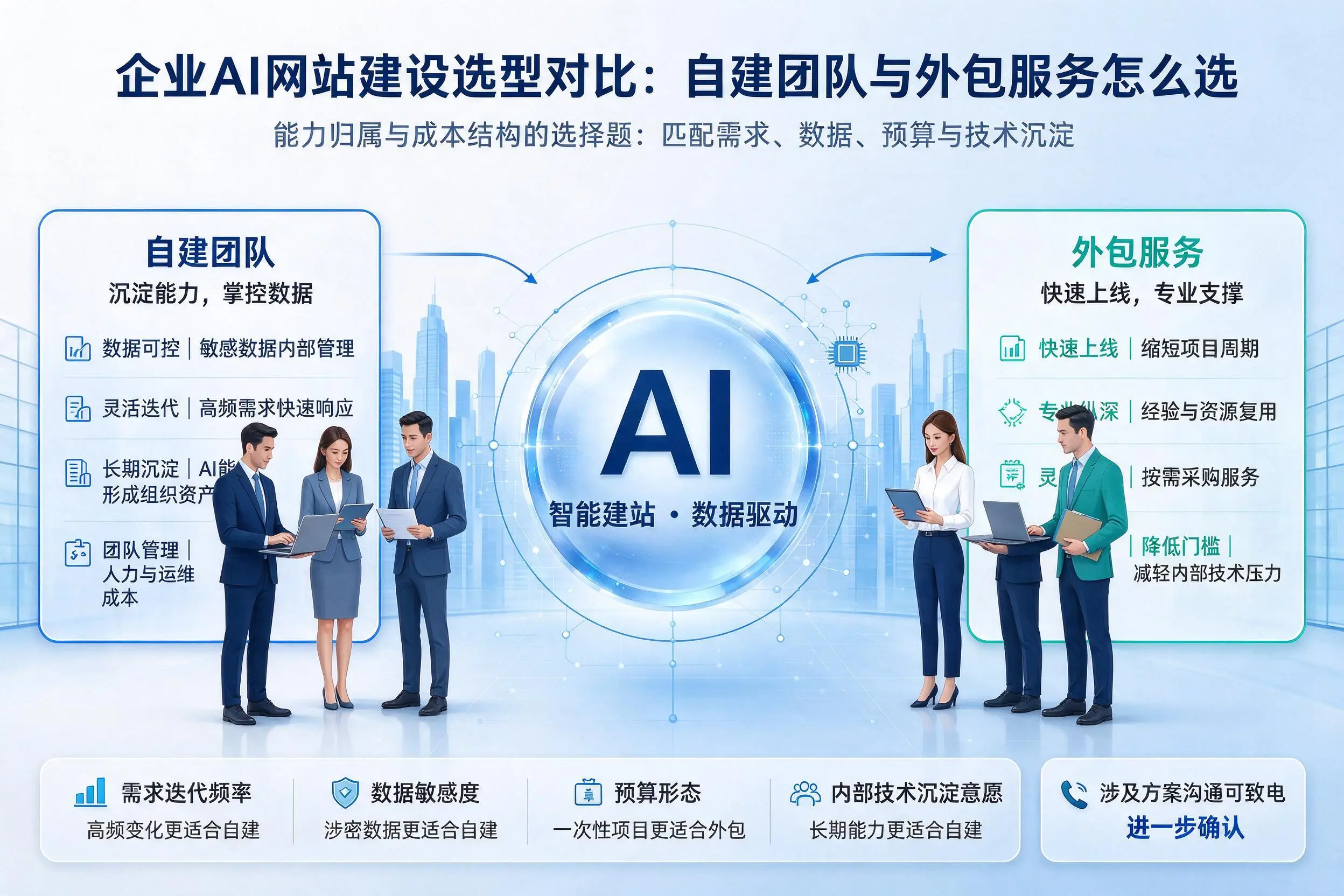 凉山企业AI网站建设选型对比:自建团队与外包服务怎么选